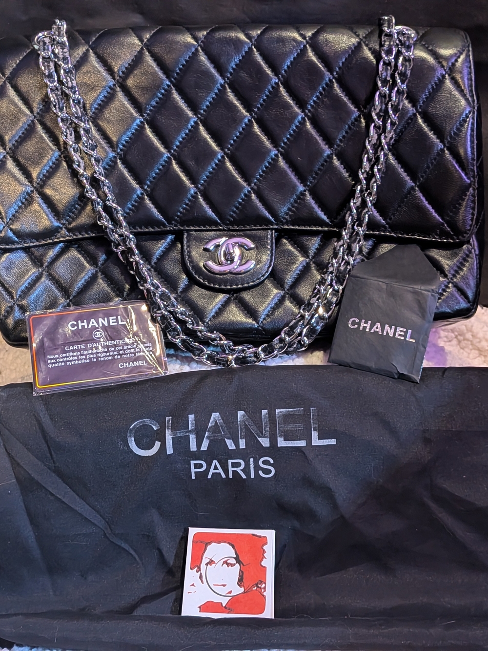 CHANEL Black Quilted Lambskin Double Flap Shoulder Bag with Silver Chain